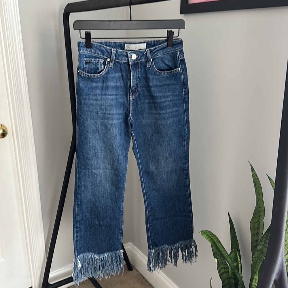 Topshop Dree Blue Cropped Fringe Distressed Hem Denim Jeans W26 L30